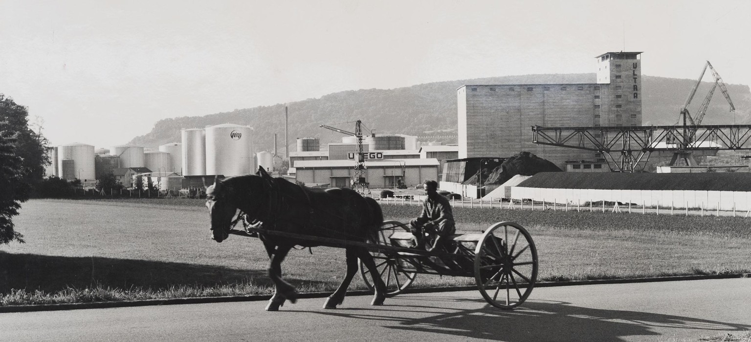 Ein Sämann fährt mit seinem von einem Pferd gezogenen einspännigen Säwagen vor der Silhouette des Auhafens vorbei, 1950er-Jahre.