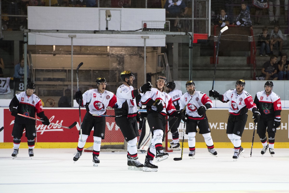 Players of HC Orli Znojmo react after their first goal (1-2) during the Champions Hockey League Group F hockey match between Switzerland's HC Fribourg Gotteron and Czech Republic's Znojmo Or ...