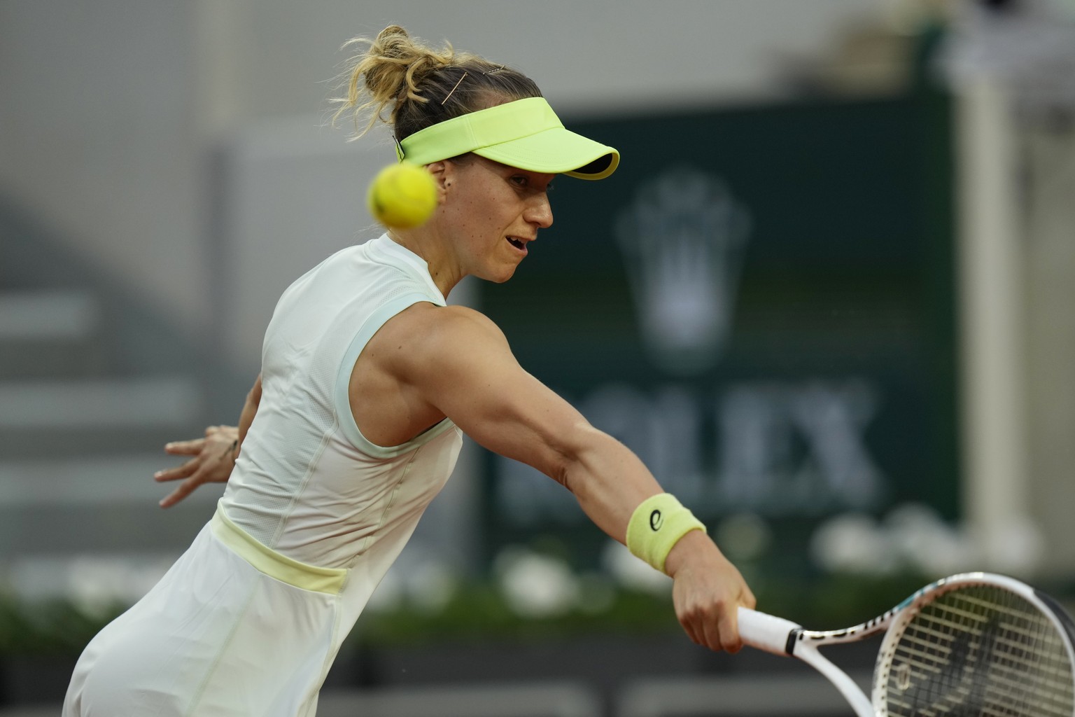 Switzerland&#039;s Viktorija Golubic plays a shot against Barbora Krejcikova of the Czech Republic during their first round match of the French Open tennis tournament at the Roland Garros stadium in P ...