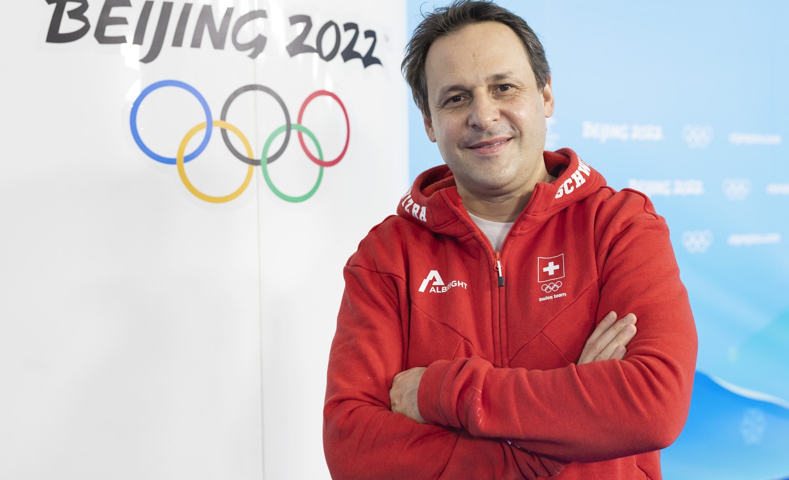Swiss Olympic Chef de Mission Ralph Stoeckli poses for the photographer at the National Aquatics Centre at the 2022 Olympic Winter Games in Beijing, China, on Saturday, February 19, 2022. (KEYSTONE/Sa ...