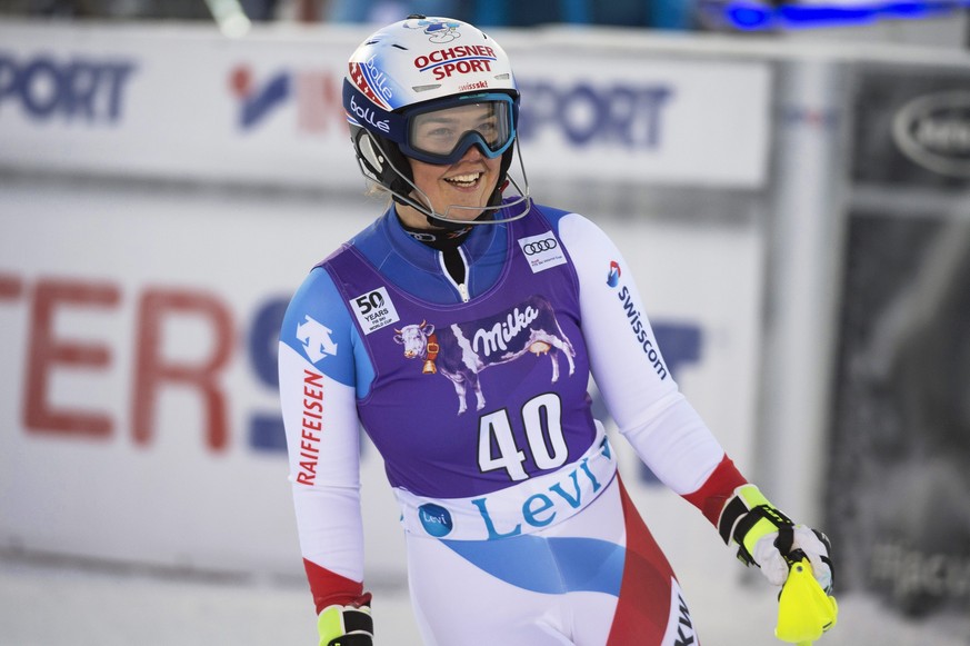 epa05628240 Melanie Meillard of Switzerland reacts after her second run of the women&#039;s Slalom race of the FIS Alpine Skiing World Cup in Levi, Finland, 12 November 2016. EPA/MARKKU OJALA FINLAND  ...