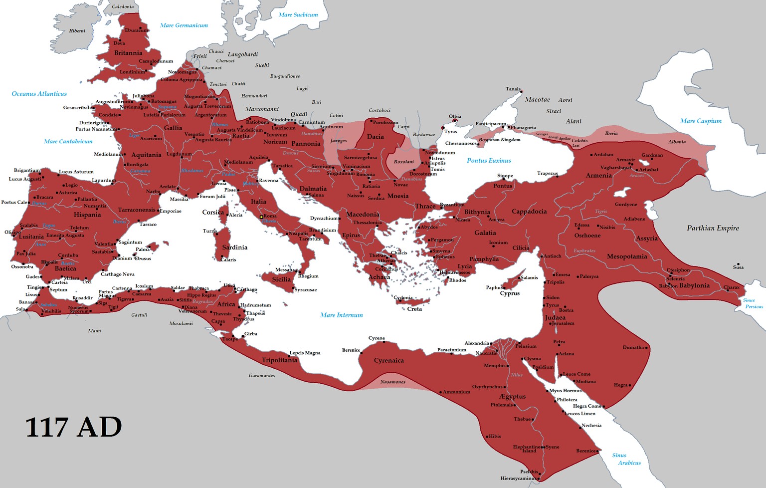 Das Römische Reich in seiner größten Ausdehnung beim Tod Kaiser Trajans 117 n. Chr. Die Provinzen Armenia, Assyria und Mesopotamia standen allerdings nur wenige Jahre unter römischer Kontrolle.