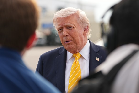 President Donald Trump talks to reporters before he boards Air Force One at Palm Beach International Airport in West Palm Beach, Fla., Saturday May 2, 2026, en route Miami. (AP Photo/Matt Rourke)
Dona ...