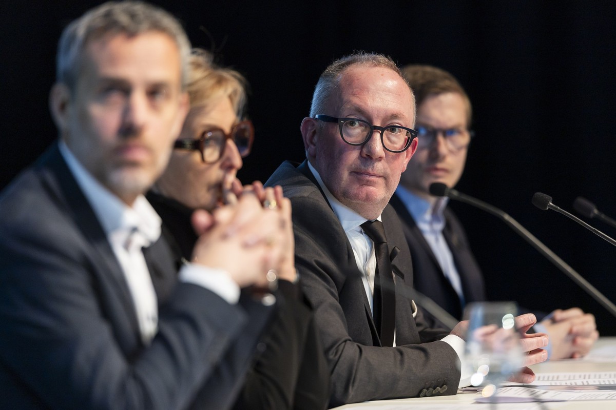 From left to right, Francois Berclaz, Municipal Councillor of Crans-Montana, Nicole Bonvin Clivaz, Vice Mayor of Crans-Montana, Nicolas Feraud, Mayor of Crans-Montana, Patrick Clivaz, Municipal Counci ...