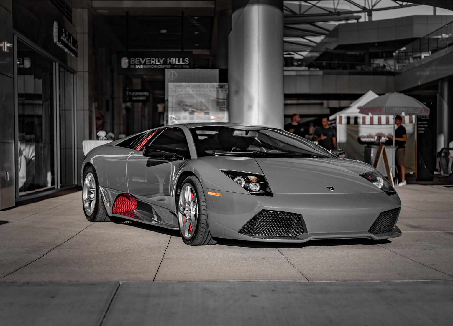 nardo grey autofarbe design supercar Las Vegas, Nevada / USA - August 28, 2019 : Nardo Grey Lamborghini Murcielago parking in a shopping mall.