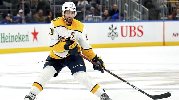 Nashville Predators defenseman Roman Josi skates during the first period of an NHL hockey game against the New York Islanders, Friday, Dec. 2, 2022, in Elmont, N.Y. (AP Photo/Julia Nikhinson)