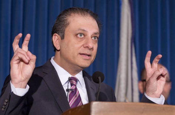 U. S. Attorney Preet Bharara announces the arrest of four people in connection with New York City&#039;s ongoing corruption probe, Monday, June 20, 2016, in New York. Two high-ranking New York Police  ...