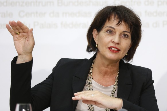 FILE - In this May 21, 2017 file photo Swiss federal councillor Doris Leuthard speaks during a press conference in Bern, Switzerland. Switzerlandâs president says Monday Sept. 4, 2017 her country co ...