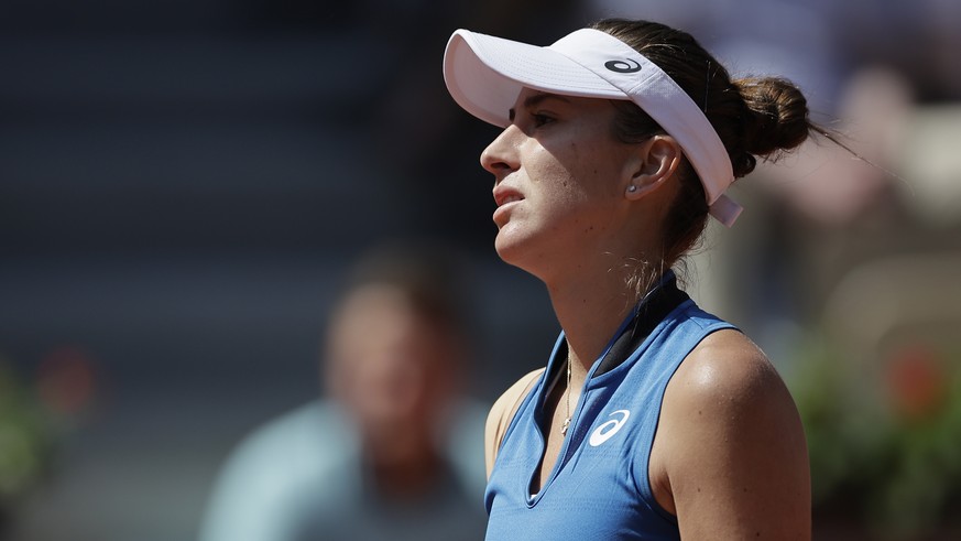 epa10661995 Belinda Bencic of Switzerland reacts as she plays Elina Avanesyan of Russia in their Women&#039;s Singles first round match during the French Open Grand Slam tennis tournament at Roland Ga ...