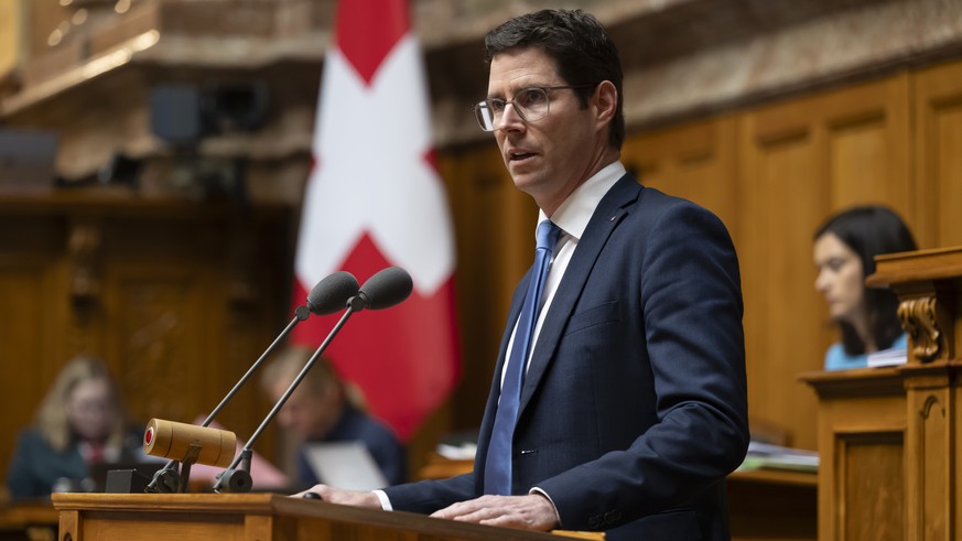 Lars Guggisberg, SVP-BE, spricht waehrend der Wintersession der Eidgenoessischen Raete, am Mittwoch, 20. Dezember 2023 im Nationalrat in Bern. (KEYSTONE/Anthony Anex)