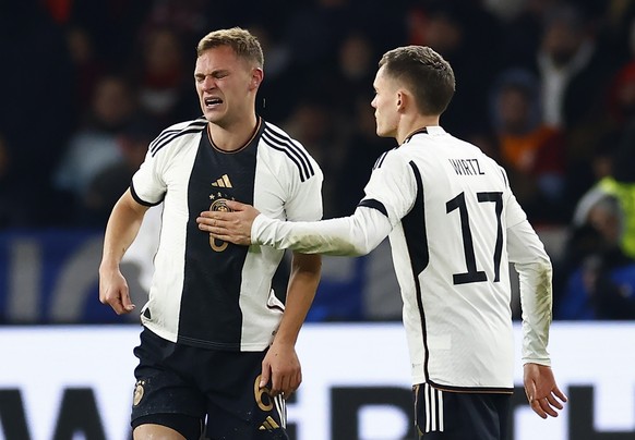 epa10983505 Germany&#039;s Joshua Kimmich (L) reacts during the international friendly soccer match between Germany and Turkey in Berlin, Germany, 18 November 2023. EPA/HANNIBAL HANSCHKE