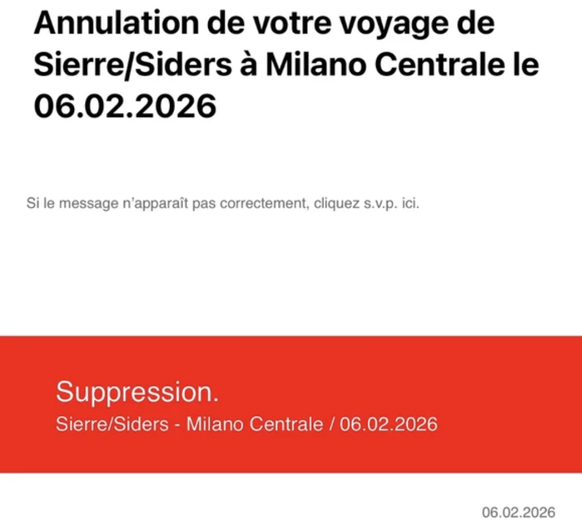 «Stornierung Ihrer Reise von Sierre/Siders nach Milano Centrale am 06.02.2026.»