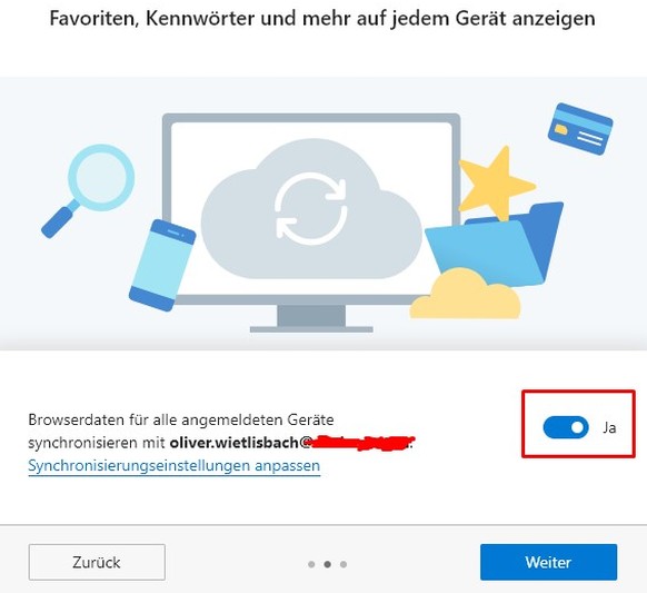 Beim Installieren kann man sich mit seinem Microsoft-Konto anmelden und diesen Schieber auf «Ja» stellen, sofern man Edge über mehrere Geräte synchronisieren will.