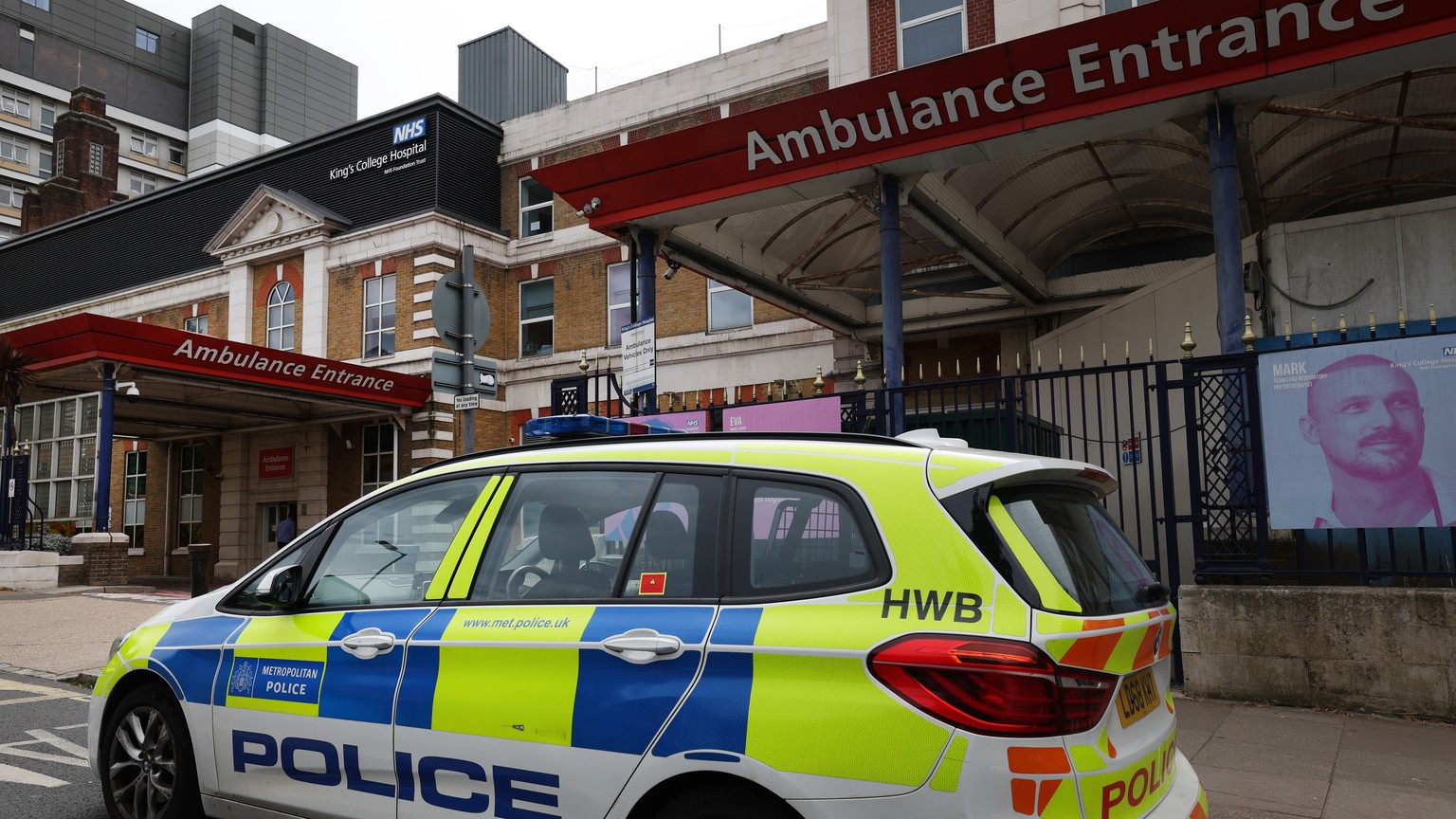 epa11389203 A police vehicle outside Kings College Hospital in London, Britain, 04 June 2024. A cyber attack on three major London hospitals has forced the cancellation of operations and blood transfu ...