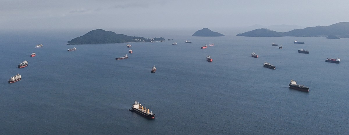 Cargo ships wait to transit the Panama Canal after authorities announced a reduction to daily transits due to forecasts of El Niño conditions in Panama City, Friday, July 24, 2026. (AP Photo/Matias De ...