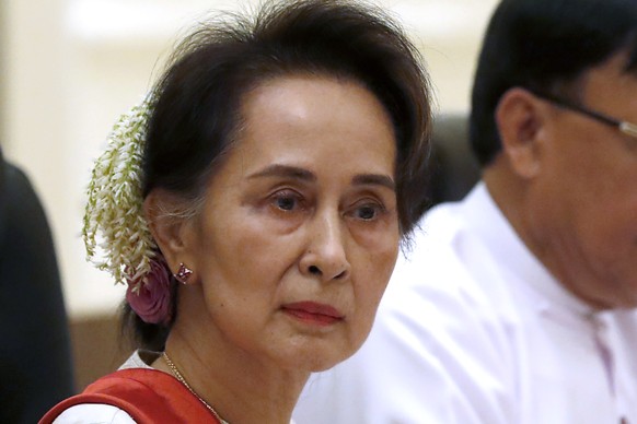 FILE - Myanmar&#039;s leader Aung San Suu Kyi, left, attends the bilateral meeting with Chinese President Xi Jinping at the president house in Naypyitaw Myanmar, on Jan. 18, 2020. Myanmar?s military-c ...