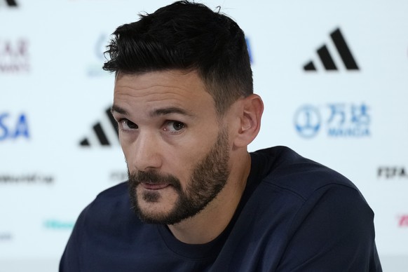 France's goalkeeper Hugo Lloris listens to a reporter during a press conference on the eve of the group D World Cup soccer match between France and Australia, in Doha, Qatar, Monday, Nov. 21, 2022. (A ...