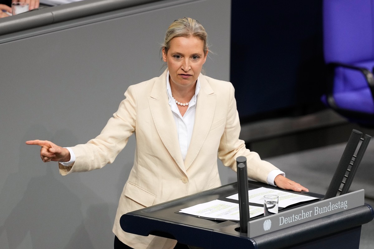 Alice Weidel, co-chairwoman of the Alternative for Germany, AfD, speaks to the German parliament during a debate at the Reichstag in Berlin, Germany, Thursday, Oct. 16, 2025. (AP Photo/Markus Schreibe ...