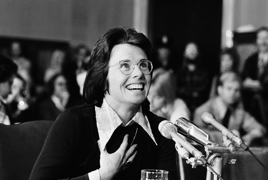 FILE - Tennis star Billie Jean King speaks about gender equality before the Senate education subcommittee in Washington on Nov. 9, 1973. (AP Photo, File)
Billie Jean King