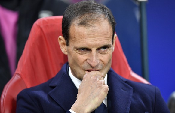 FILE - In this Wednesday, April 10, 2019 filer, Juventus coach Massimiliano Allegri stands on the touchline before the Champions League quarterfinal, first leg, soccer match between Ajax and Juventus ...