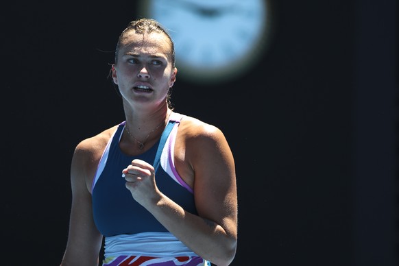 epa10427826 Aryna Sabalenka of Belarus reacts after a point against Donna Vekic of Croatia during their quarter final match at the Australian Open tennis tournament in Melbourne, Australia, 25 January ...