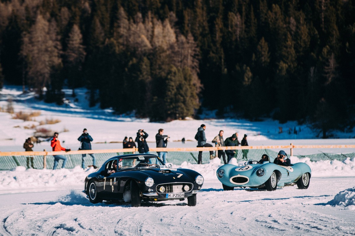 Sport Bilder des Tages Ferrari 250 SWB and Jaguar Type D, action during The ICE 2023, The International Concours of Elegance St. Moritz Richard Mille from February 24 to 25, 2023 on the lake Saint-Mor ...