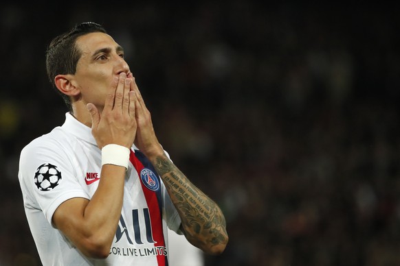 PSG's Angel Di Maria celebrates after scoring his side's second goal during the Champions League group A soccer match between PSG and Real Madrid at the Parc des Princes stadium in Paris, Wednesday, Sept. 18, 2019. (AP Photo/Francois Mori)