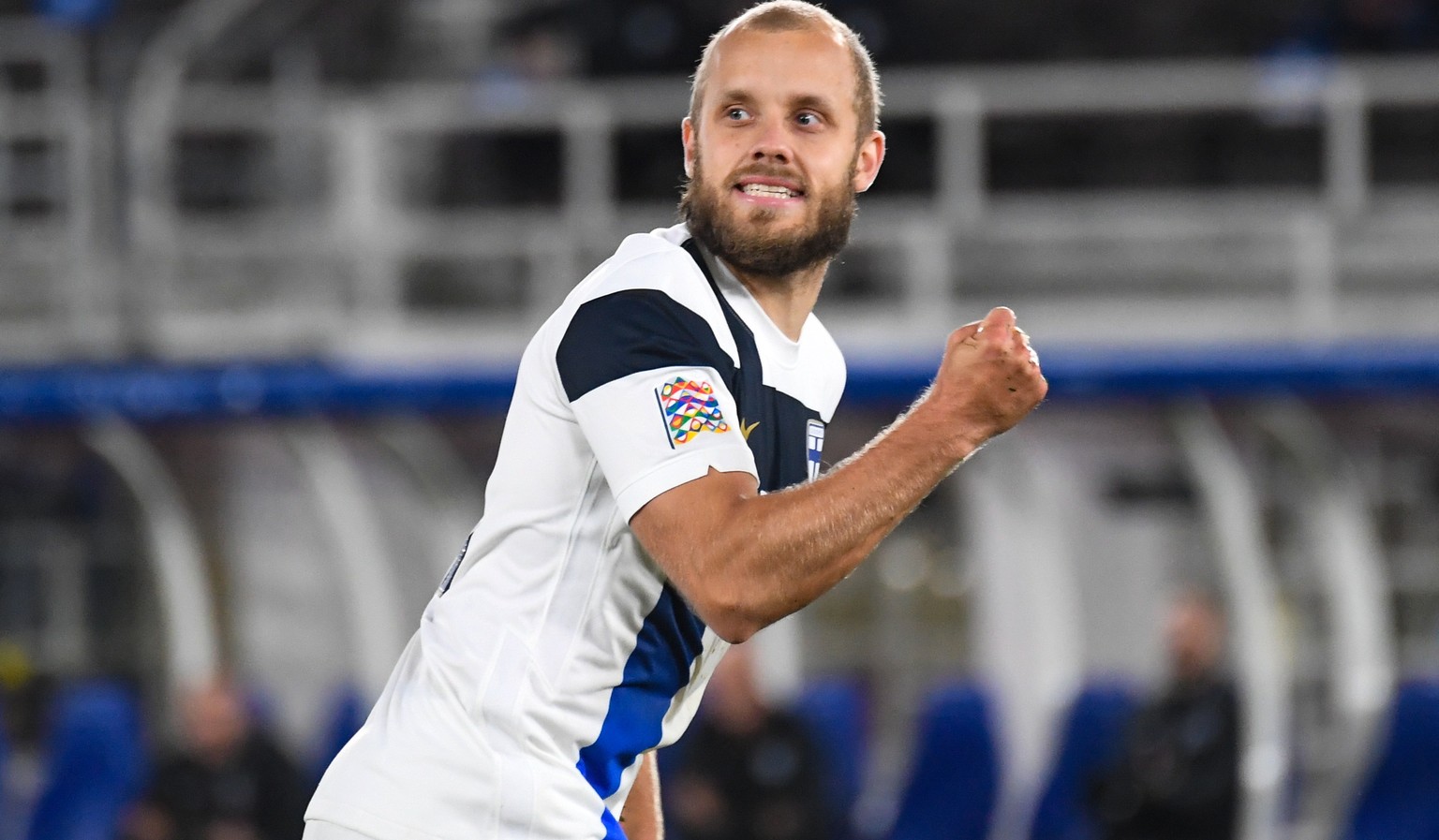 epa08736299 Teemu Pukki of Finland reacts during the UEFA Nations League match between Finland and Bulgaria at Helsinki Olympic Stadium, Helsinki, Finland, 11 October 2020. EPA/KIMMO BRANDT