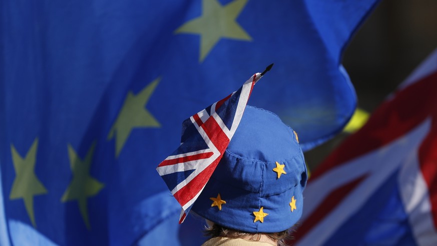 A pro-EU demonstrator wears an EU flag styled as a hat, with a British Union flag pinned to it, outside the Palace of Westminster as the British government holds a cabinet meeting on Brexit inside 10  ...