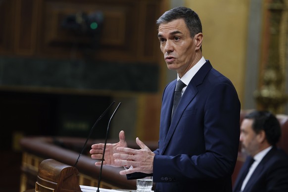 epa12725961 Spanish Prime Minister Pedro Sanchez delivers a speech during the weekly plenary session at the Congress of Deputies, the lower house of the Spanish parliament, in Madrid, Spain, 11 Februa ...