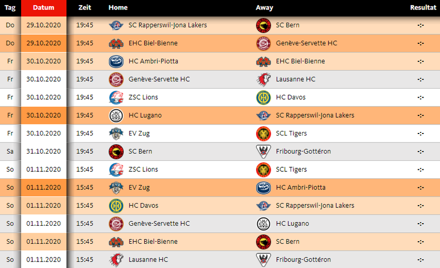 Der Spielplan vom Wochenende – die verschobenen Spiele sind orange markiert.