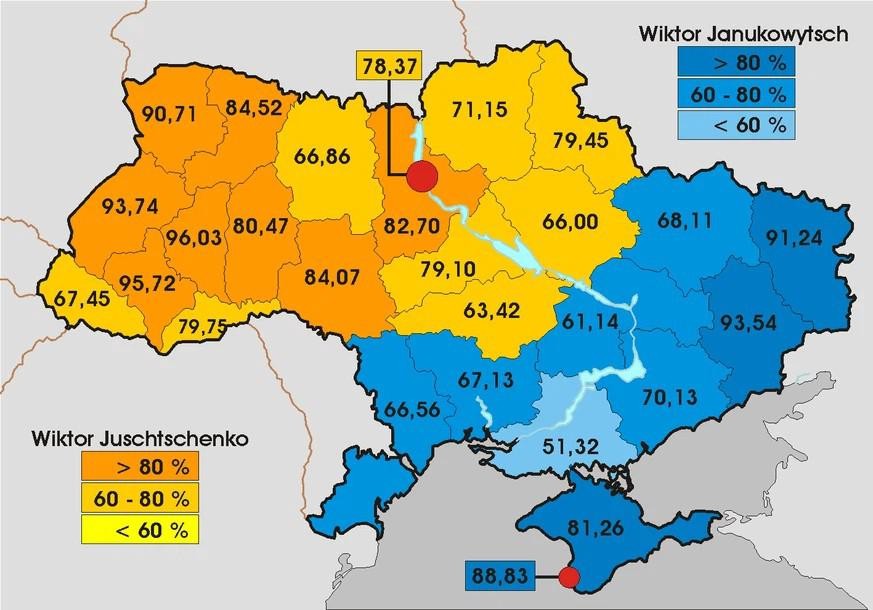 Präsidentschaftswahlen Ukraine 2004, 2. Stichwahl. 
https://upload.wikimedia.org/wikipedia/commons/9/98/Ukraine_einfach_Wahlen_3WG.png