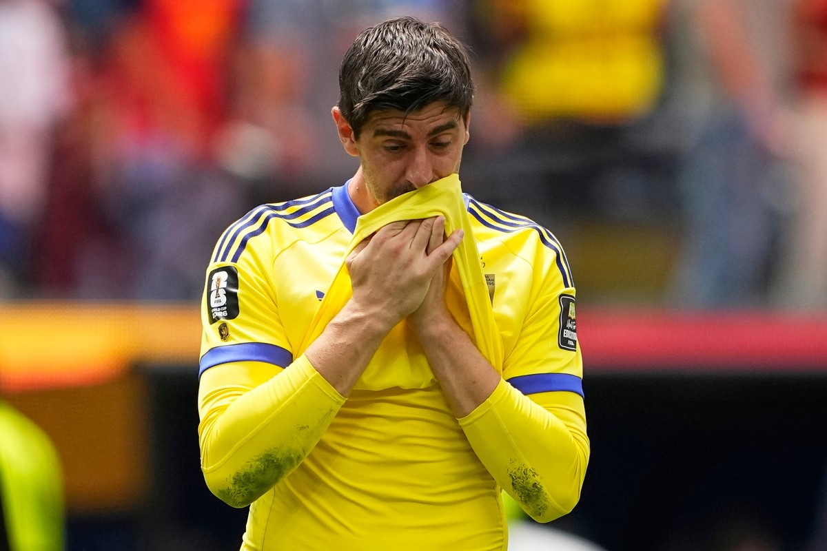 Belgium goalkeeper Thibaut Courtois (1) reacts after their loss in the World Cup quarterfinal soccer match between Spain and Belgium in Inglewood, Calif., near Los Angeles, Friday, July 10, 2026. (AP  ...