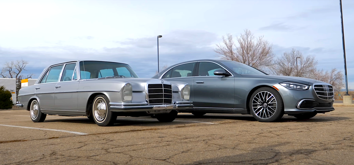 Mercedes S-Klasse (okay, der links ist ein 280 SEL), damals und heute 
https://www.youtube.com/watch?app=desktop&amp;v=Bj2AVU2RI44