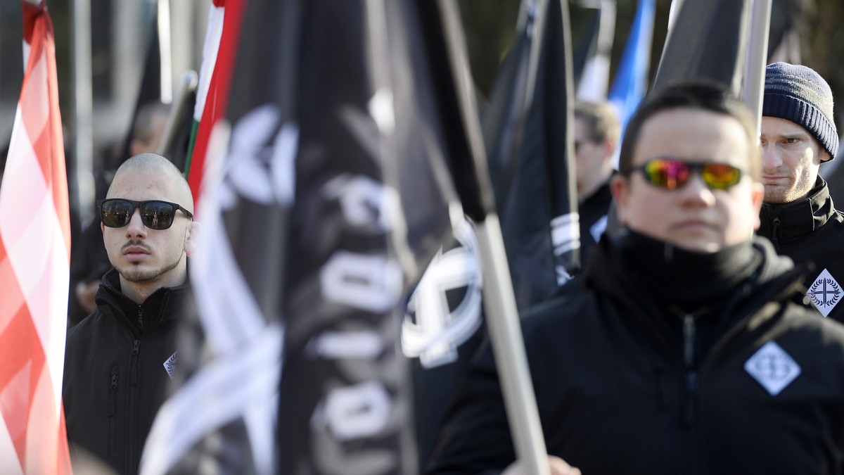 epa08203618 Following the call of two Hungarian extreme right organizations Legio Hungaria and Hungarian Hammerskins, some 500 Hungarian and foreign, among them German, demonstrators march in a park t ...