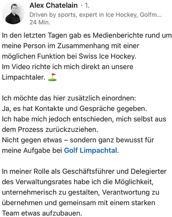 Alex Chatelain wird nicht Sportchef beim Schweizer Eishockey-Verband