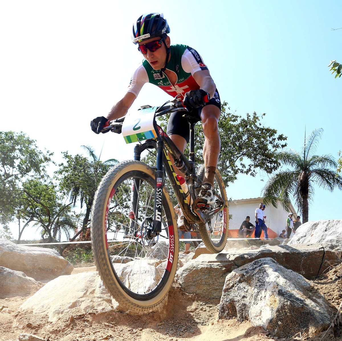 epa04974227 Swiss biker Nino Schurter in action at the men's international Aquece Rio Desafio test event held at Deodoro Sport Park in Rio de Janeiro, Brazil, on 11 October 2015. Organizers of Ri ...