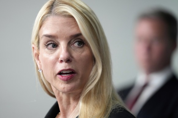 Attorney General Pam Bondi speaks with reporters during a briefing with President Donald Trump in the James Brady Press Briefing Room at the White House, Monday, Aug. 11, 2025, in Washington. (AP Phot ...