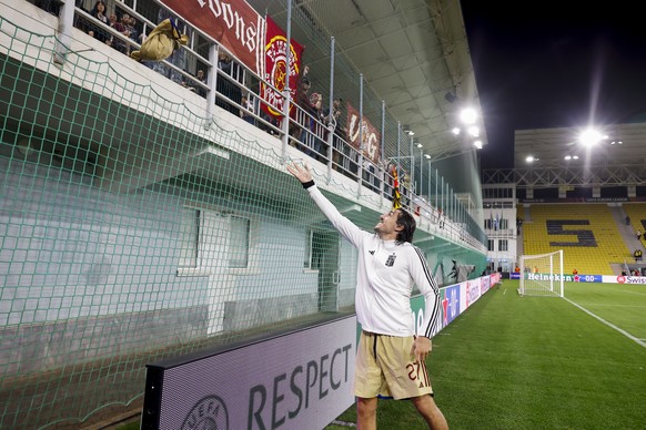 Servette&#039;s forward Enzo Crivelli gives his jersey to the supporters of Servette FC during the UEFA Europa League group G soccer match between Moldova&#039;s FC Sheriff Tiraspol and Switzerland&#0 ...