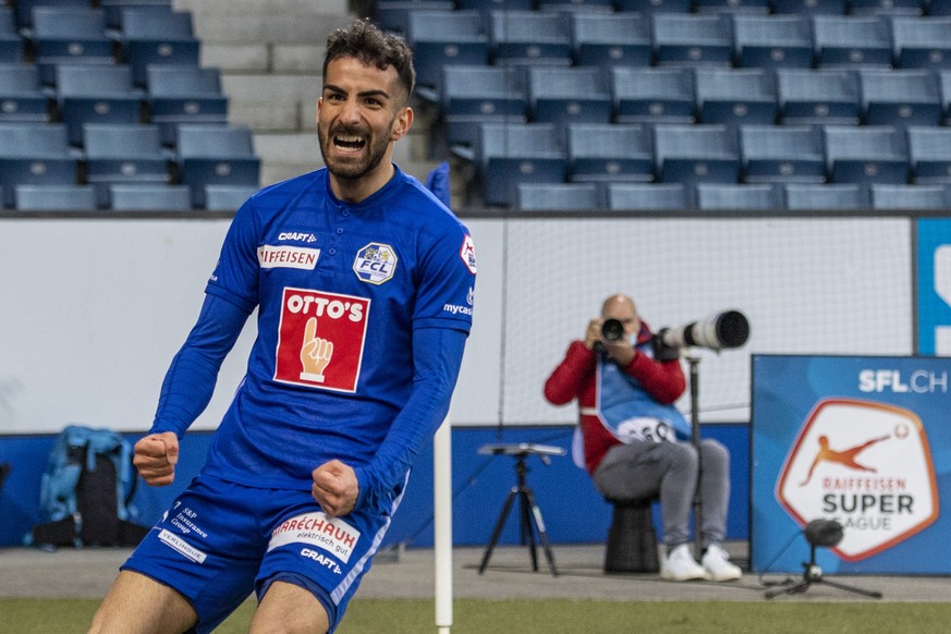 Varol Tasar von Luzern feiert das 1:0 beim Super League Meisterschaftsspiel zwischen dem FC Luzern und dem FC Lausanne Sport vom Mittwoch, 21. April 2021 in Luzern. (KEYSTONE/Urs Flueeler)