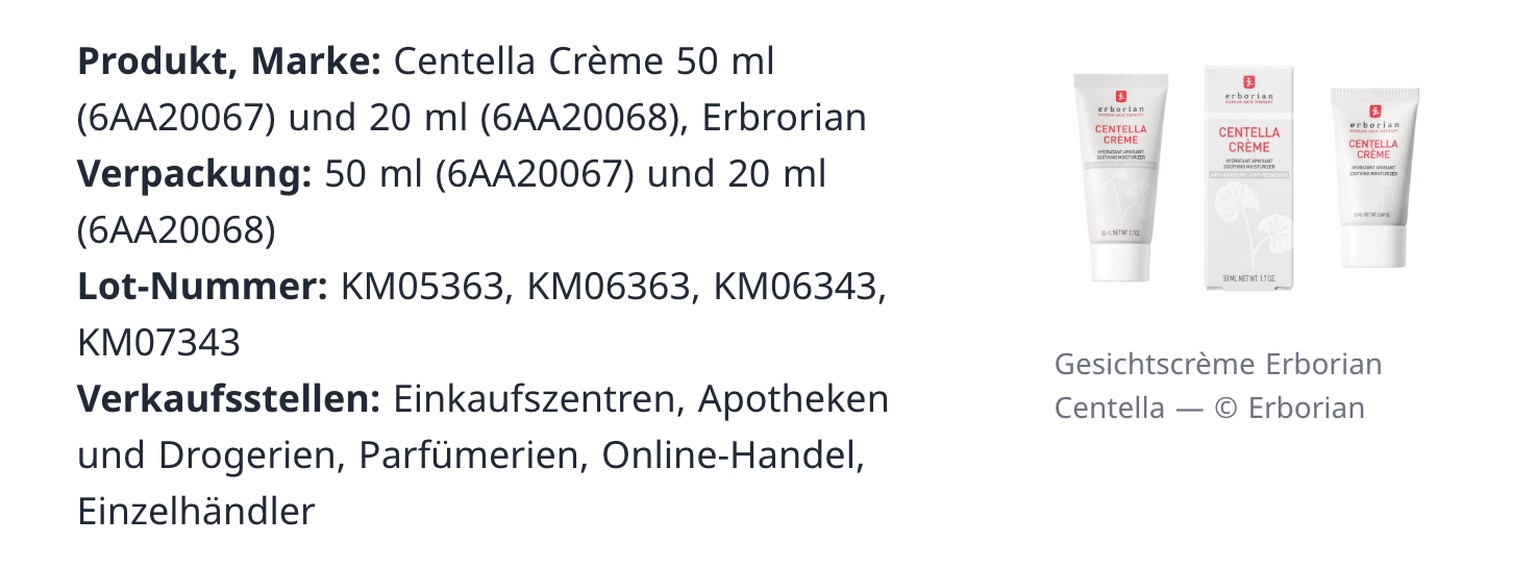 Öffentliche Warnung: Fehlende Konservierungsstoffe in der Gesichtscrème Erborian Centella
