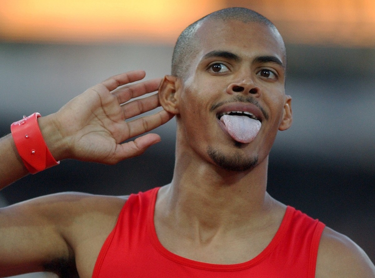 Dominican Republic's Felix Sanchez reacts after winning the men's 400 meters hurdles race at the Golden League athletics meeting in Zurich, Switzerland, Friday, August 15, 2003. (KEYSTONE/St ...