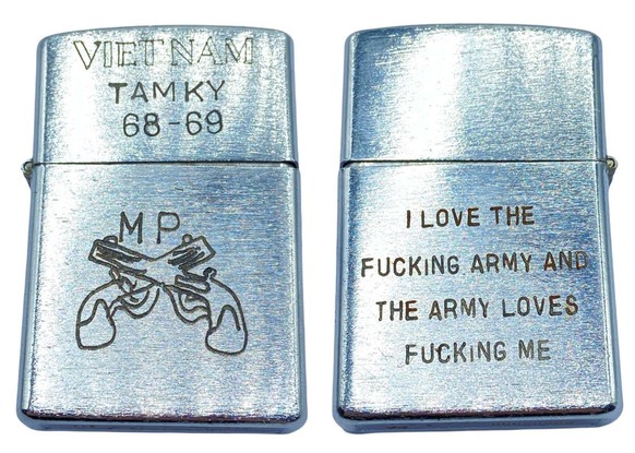 Vietnam War Zippo Lighters 

https://www.atlasantiques.co.uk/en-GB/post-ww2-militaria/vietnam-war-tam-k-1968-69-united-states-military-police-zippo-lighter/prod_21493