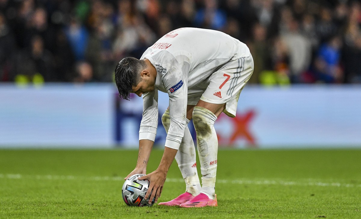 Spain's Alvaro Morata prepares to kick a penalty during the Euro 2020 soccer championship semifinal match between Italy and Spain at Wembley stadium in London, England, Tuesday, July 6, 2021. (Ju ...