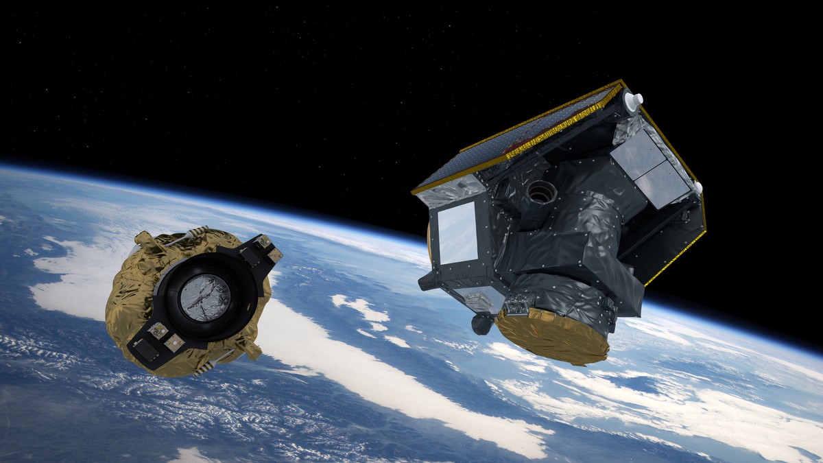epa08075328 A handout photo made available by the European Space Agency (ESA) shows an artist's impression of the moment shortly after CHEOPS spacecraft separated from the launch vehicle's F ...
