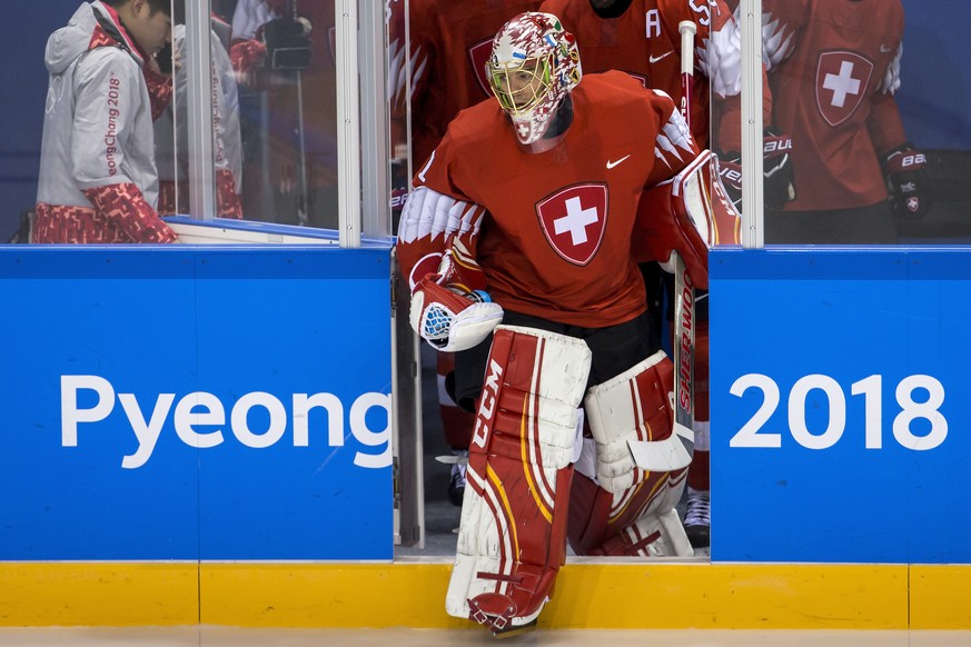 Jonas Hiller, goalkeeper of Switzerland, during the men ice hockey preliminary round match between Switzerland and Canada in the Kwandong Hockey Center in Gangneung during the XXIII Winter Olympics 20 ...