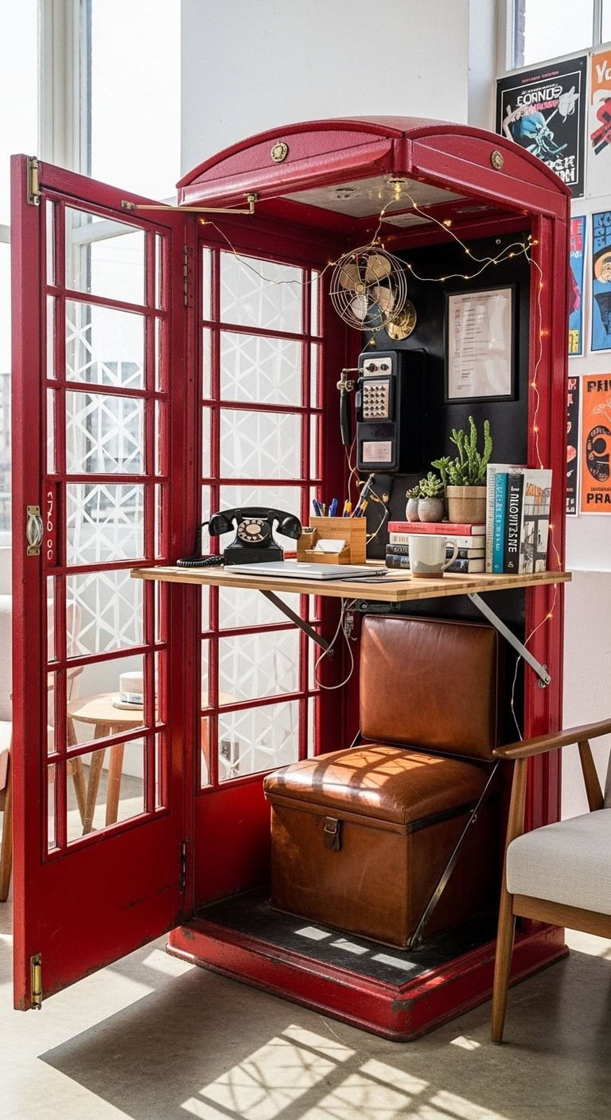 Transformed british telephone booth 
https://apartmentabc.com/funky-home-office/?utm_source=Pinterest&amp;utm_medium=organic