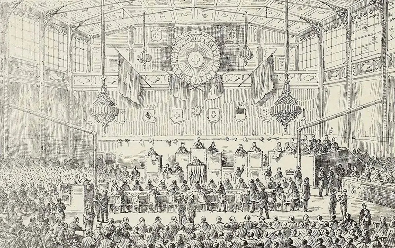 Im Dezember 1864 fand der Prozess gegen die Verantwortlichen des Genfer Aufstands im Palais électoral statt. Das Publikumsinteresse war gross.
https://www.bge-geneve.ch/iconographie/oeuvre/45p-1864-05