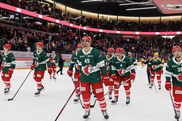 Lausanne&#039;s players celebrates their victory after defeating the team Bern, during a National League regular season game of the Swiss Championship between Lausanne HC and SC Bern, at the Vaudoise  ...