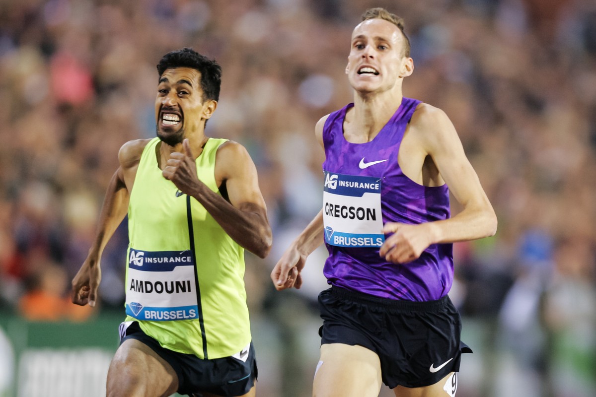 Morhad Amdouni from France, left, wins the men's 1500m before Ryan Gregson from Australia at the Diamond League Memorial Van Damme athletics event, at Brussels' King Baudouin stadium, on Fri ...